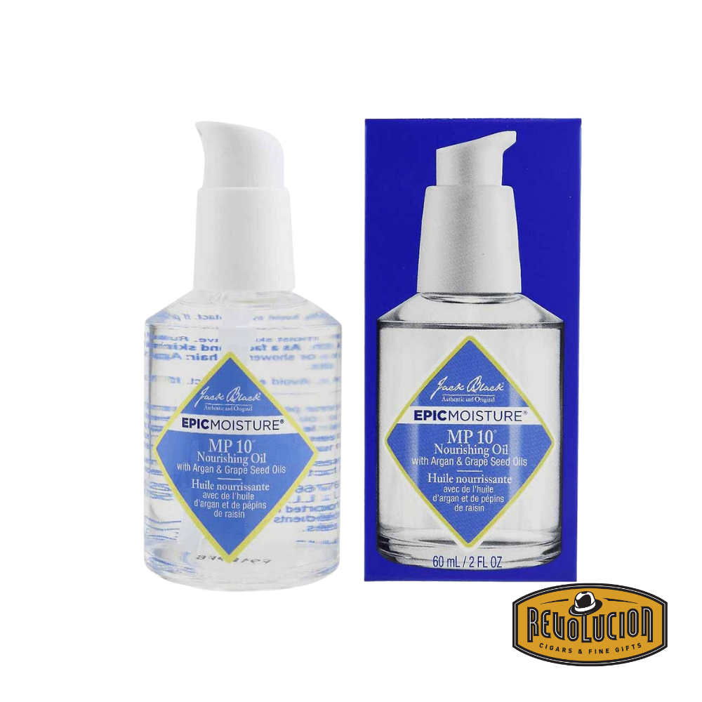 Jack Black Epic Moisture™ MP10™ Nourishing Oil – A sleek blue bottle with black label, showcasing a premium multitasking oil for face, hair, and body.