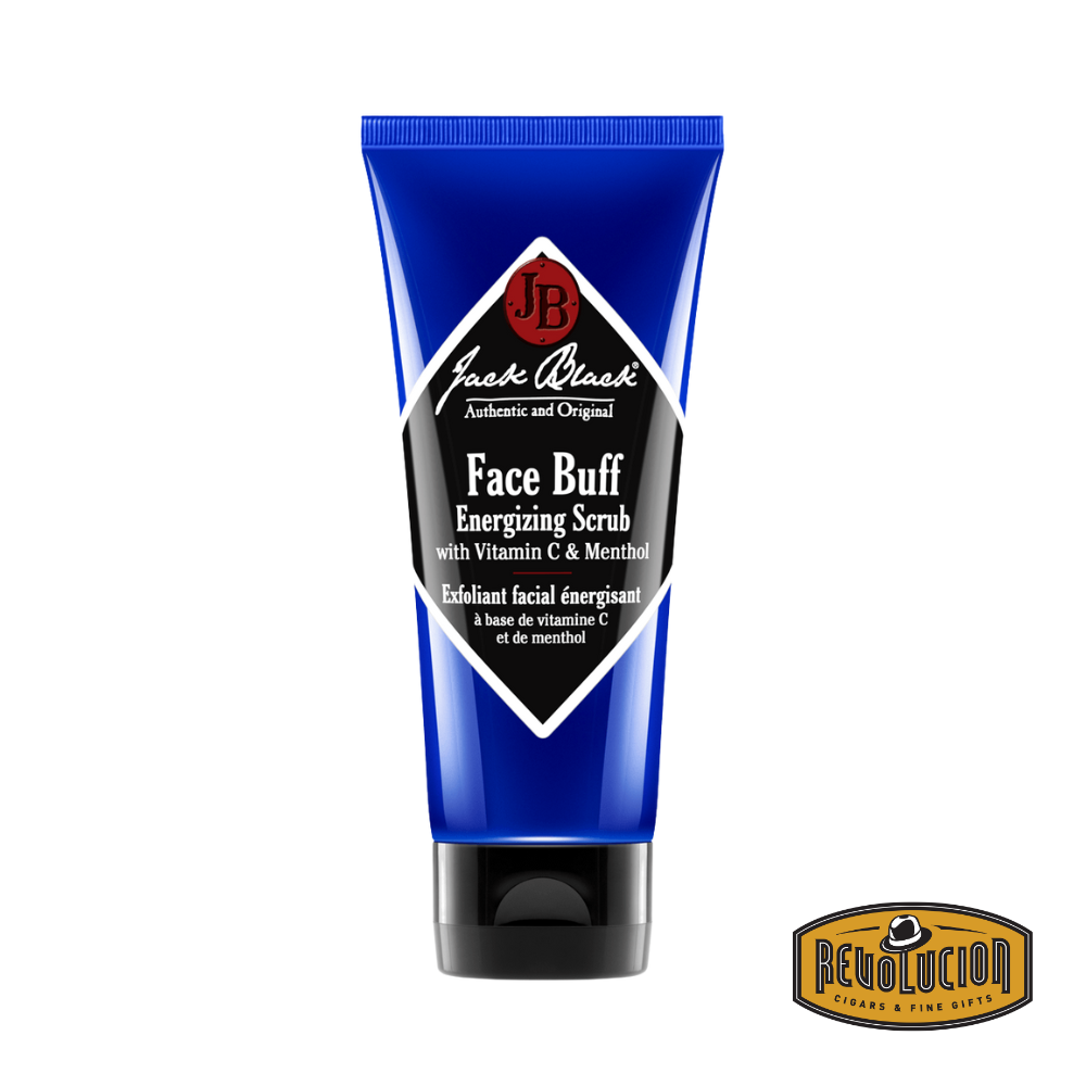 Jack Black Face Buff Energizing Scrub in signature blue tube with black cap – front label clearly visible.