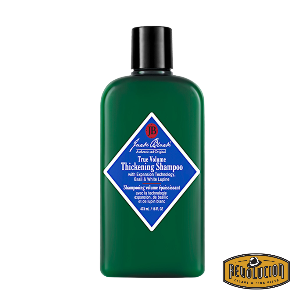 Jack Black True Volume Thickening Shampoo – front view of the blue bottle with a white pump dispenser, showcasing bold branding.