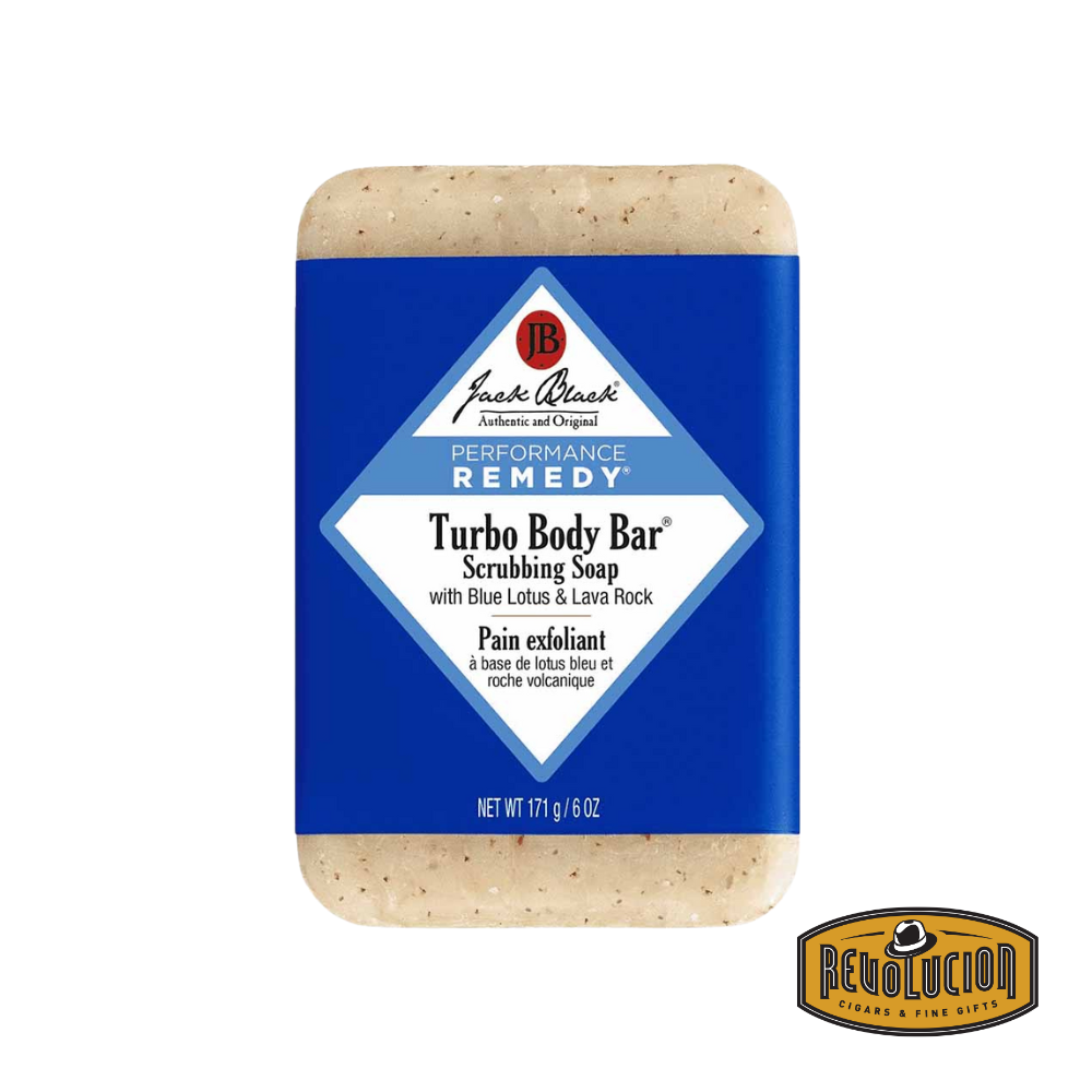 Jack Black Turbo Body Bar Scrubbing Soap – an exfoliating bar soap in bold packaging designed to cleanse and energize the skin with blue lotus and lava rock ingredients.