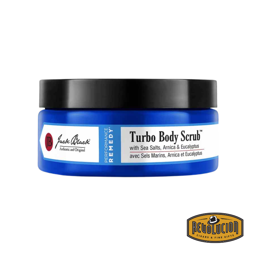 Jack Black Turbo Body Scrubbing Soap – a bold blue exfoliating bar with a rugged texture, designed to deeply cleanse and energize the skin with invigorating ingredients.