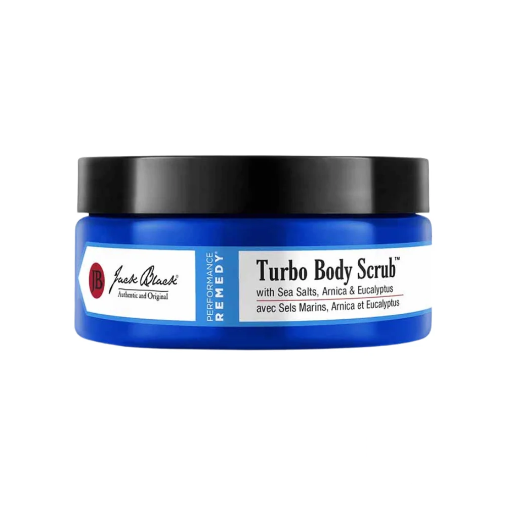 Jack Black Turbo Body Scrubbing Soap – a bold blue exfoliating bar with a rugged texture, designed to deeply cleanse and energize the skin with invigorating ingredients.