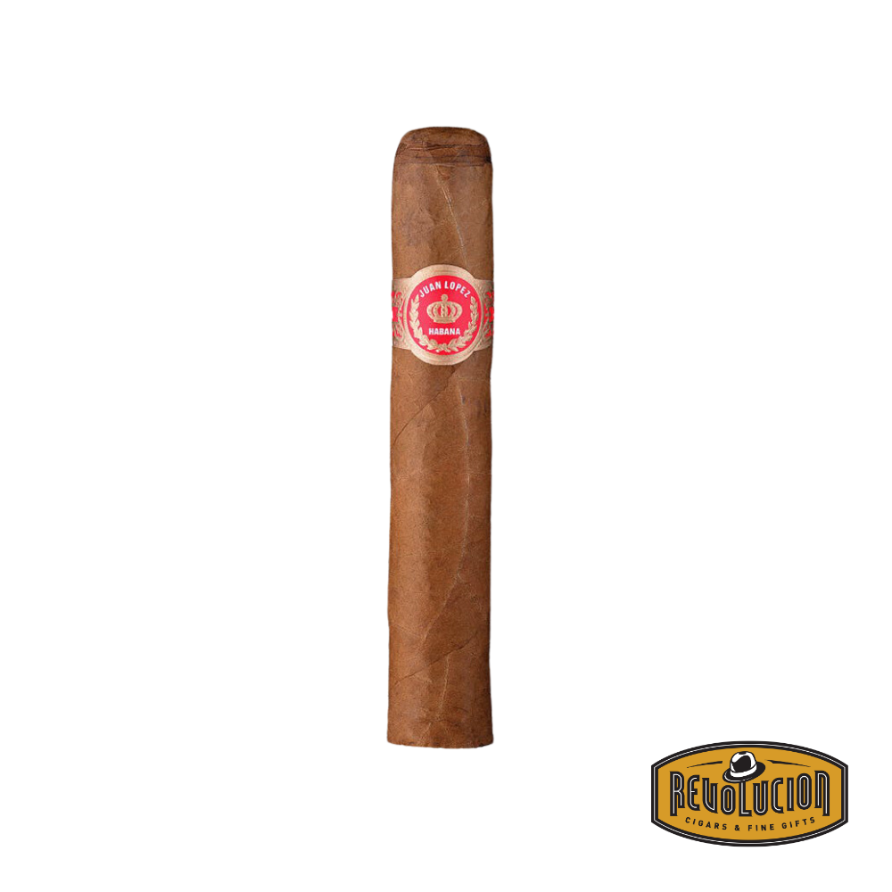 Juan Lopez Selection No.2 Cuban cigar with a red and gold band, displayed against a white background with the Revolucion Cigars & Fine Gifts logo.