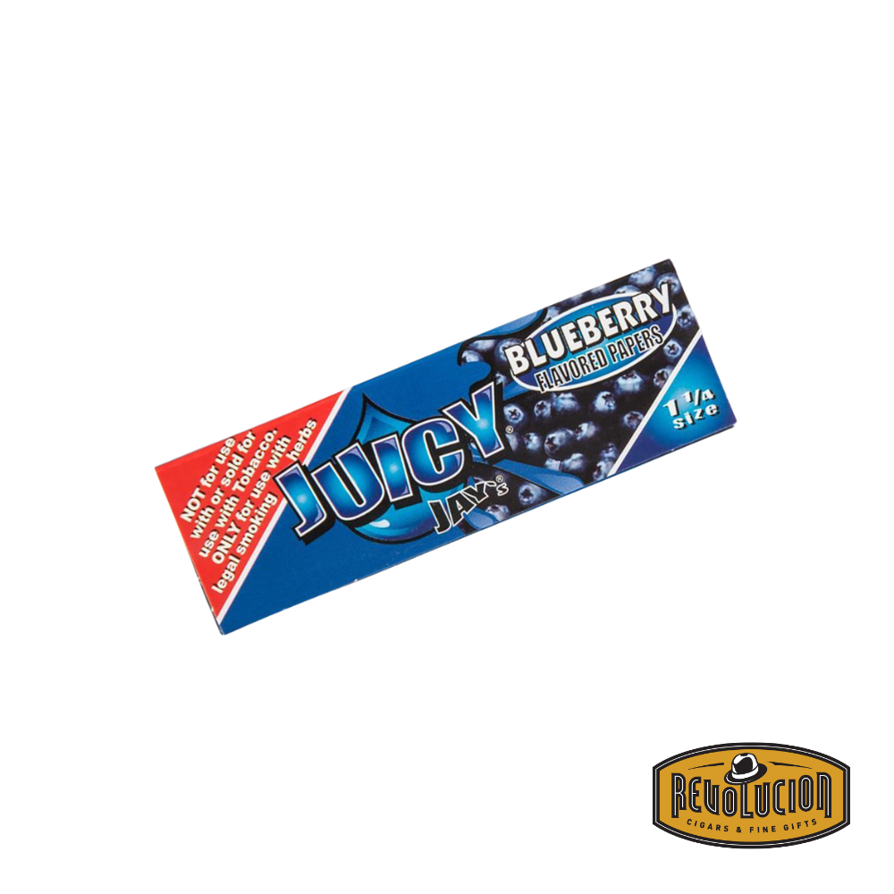 Juicy Jay's Blueberry Flavored Rolling Paper – 1 1/4 size pack featuring vibrant blueberry-themed packaging.
