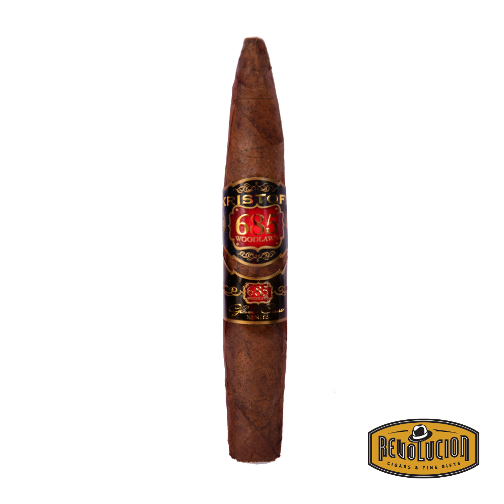 Kristoff 685's Woodlawn Perfecto is a medium to full strength Dominican cigar with a unique perfecto shape, offering a bold, complex smoking experience with rich notes of spice, cocoa, and toasted earth.