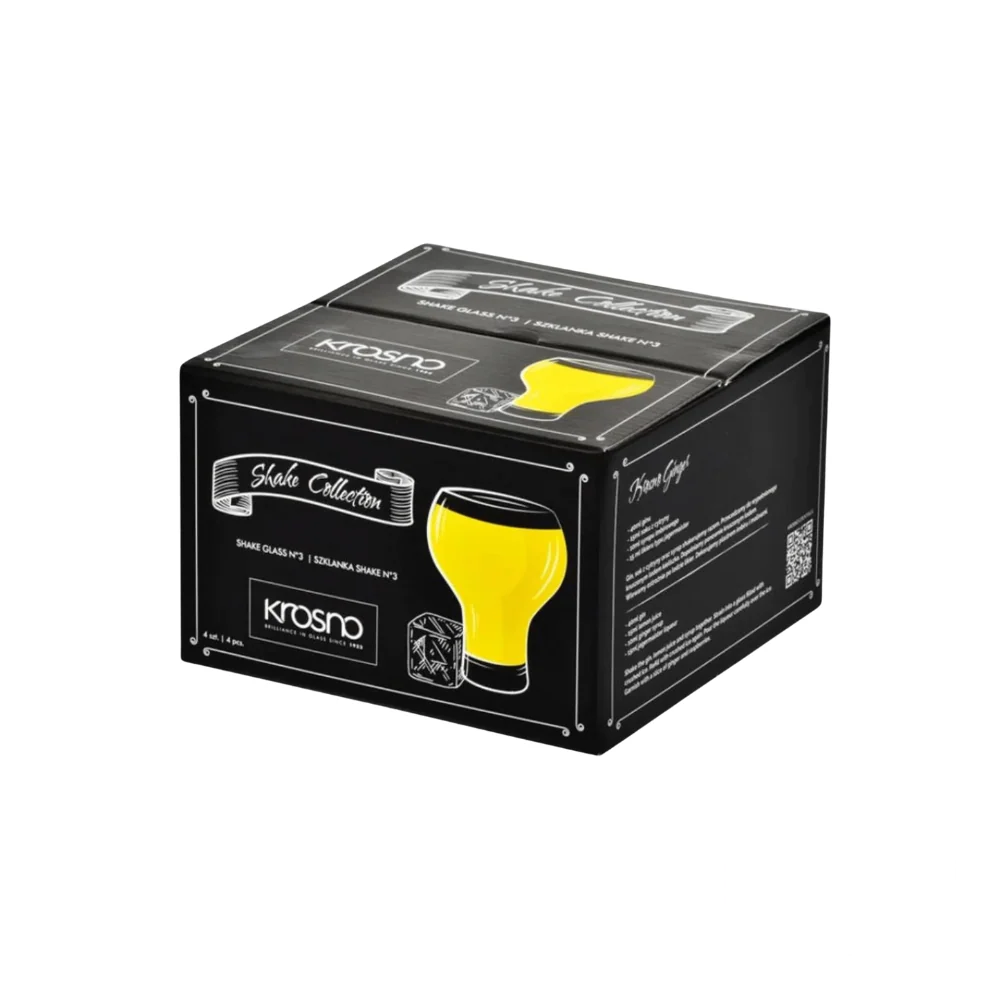 Krosno Shake Collection packaging featuring a bold black design with a vibrant yellow illustration of a unique glass shape, highlighting its modern and creative style.