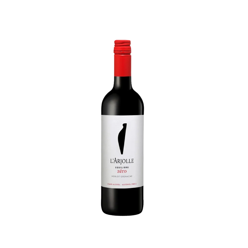 A 750 ml bottle of L'Arjolle Merlot Grenache Red Wine Non-Alcoholic, featuring its elegant label and showcasing a refined, alcohol-free version of the classic red wine blend.