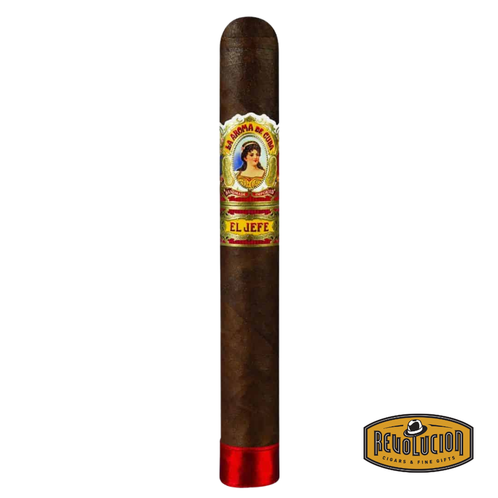 La Aroma De Cuba El Jefe Parejo – medium strength Nicaraguan cigar with a rich, earthy profile, dark wrapper, and elegant craftsmanship in a large format.