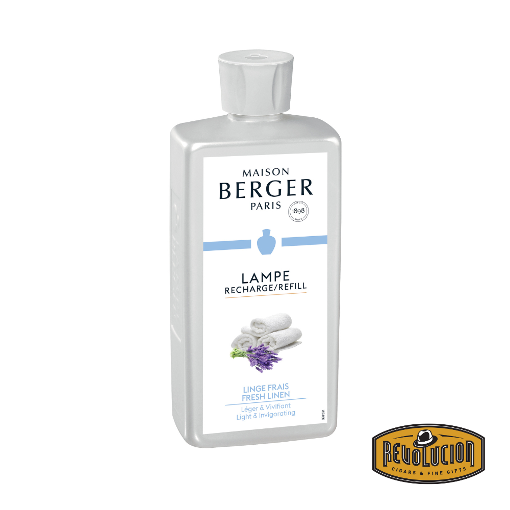 Lampe Berger Refill Fresh Linen 500 ml bottle with clear liquid and soft gray label, evoking crisp, clean fabric freshness.