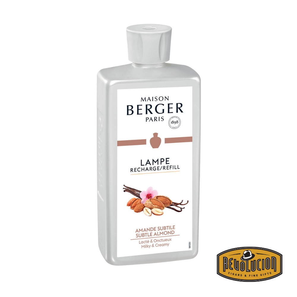 A Lampe Berger Refill bottle in the Subtle Almond fragrance, offering a delicate and comforting scent with soft almond notes, hints of vanilla, and a touch of sweetness for a warm and inviting ambiance.