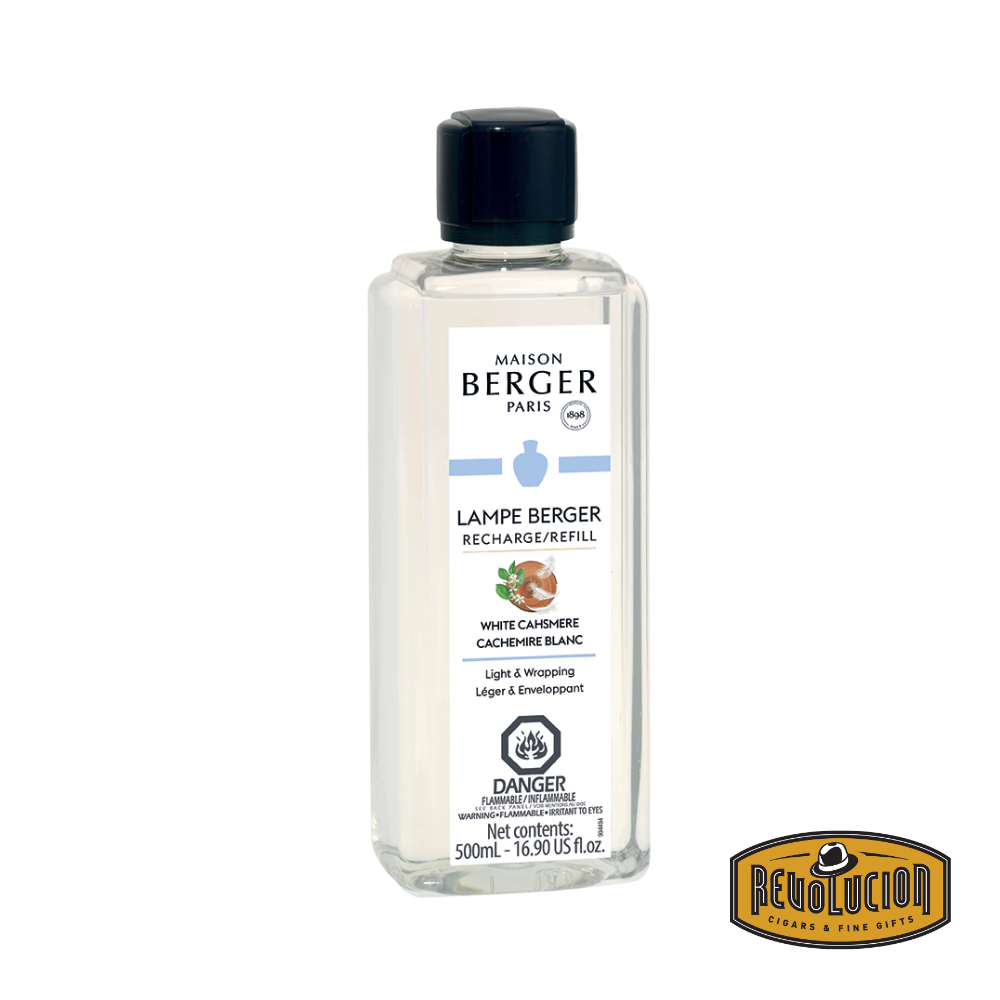 A Lampe Berger Refill bottle in the White Cashmere fragrance, elegantly designed with premium branding. This refined home fragrance offers a soft, luxurious scent, blending delicate musk and floral notes for a sophisticated ambiance.