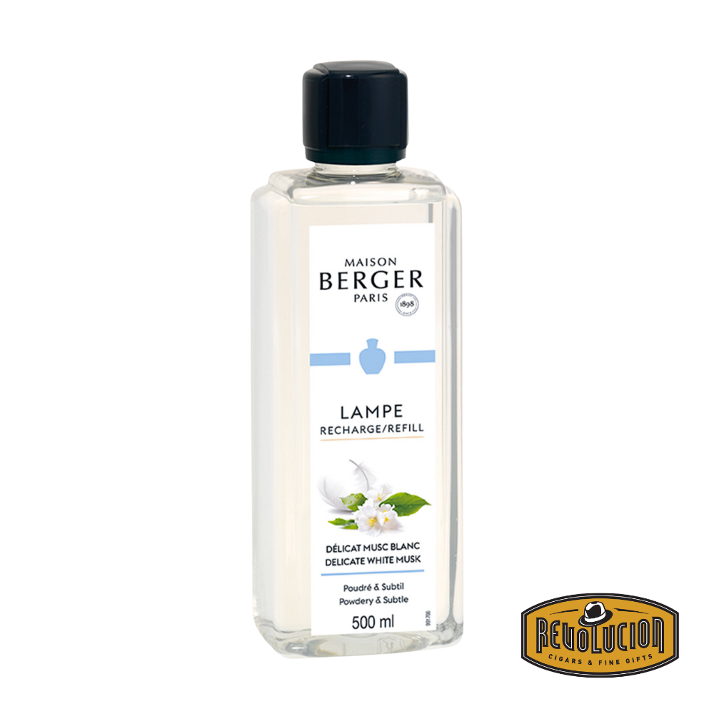 A Lampe Berger Refill bottle in the White Musk fragrance, featuring a clean, delicate scent with soft floral and powdery notes, perfect for a fresh and elegant home atmosphere.