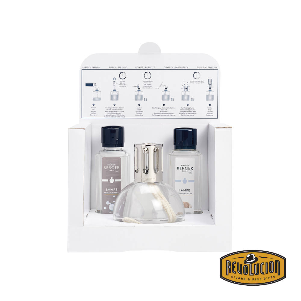Lampe Berger Starter Kit Round Essential featuring a classic round glass fragrance lamp with a silver diffuser cap and included refill, presented in elegant boxed packaging.