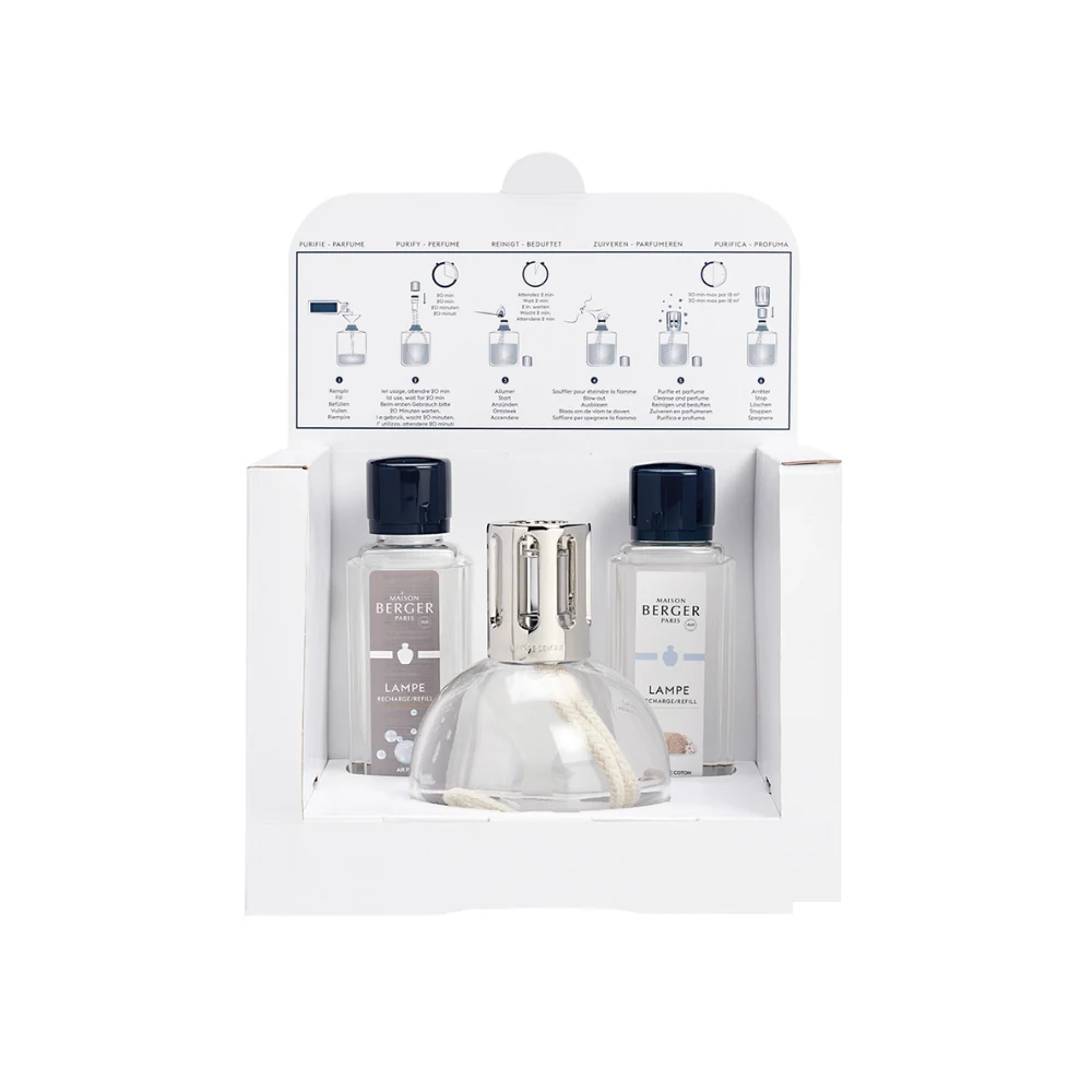 Lampe Berger Starter Kit Round Essential featuring a classic round glass fragrance lamp with a silver diffuser cap and included refill, presented in elegant boxed packaging.