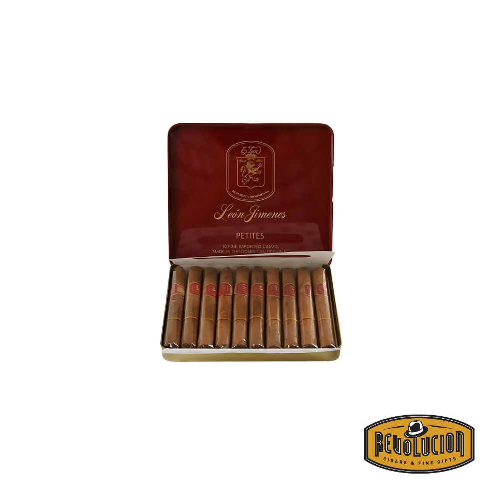 Leon Jimenes Connecticut Petites medium-strength Dominican cigarillos in an open red box, displaying neatly arranged cigarillos.