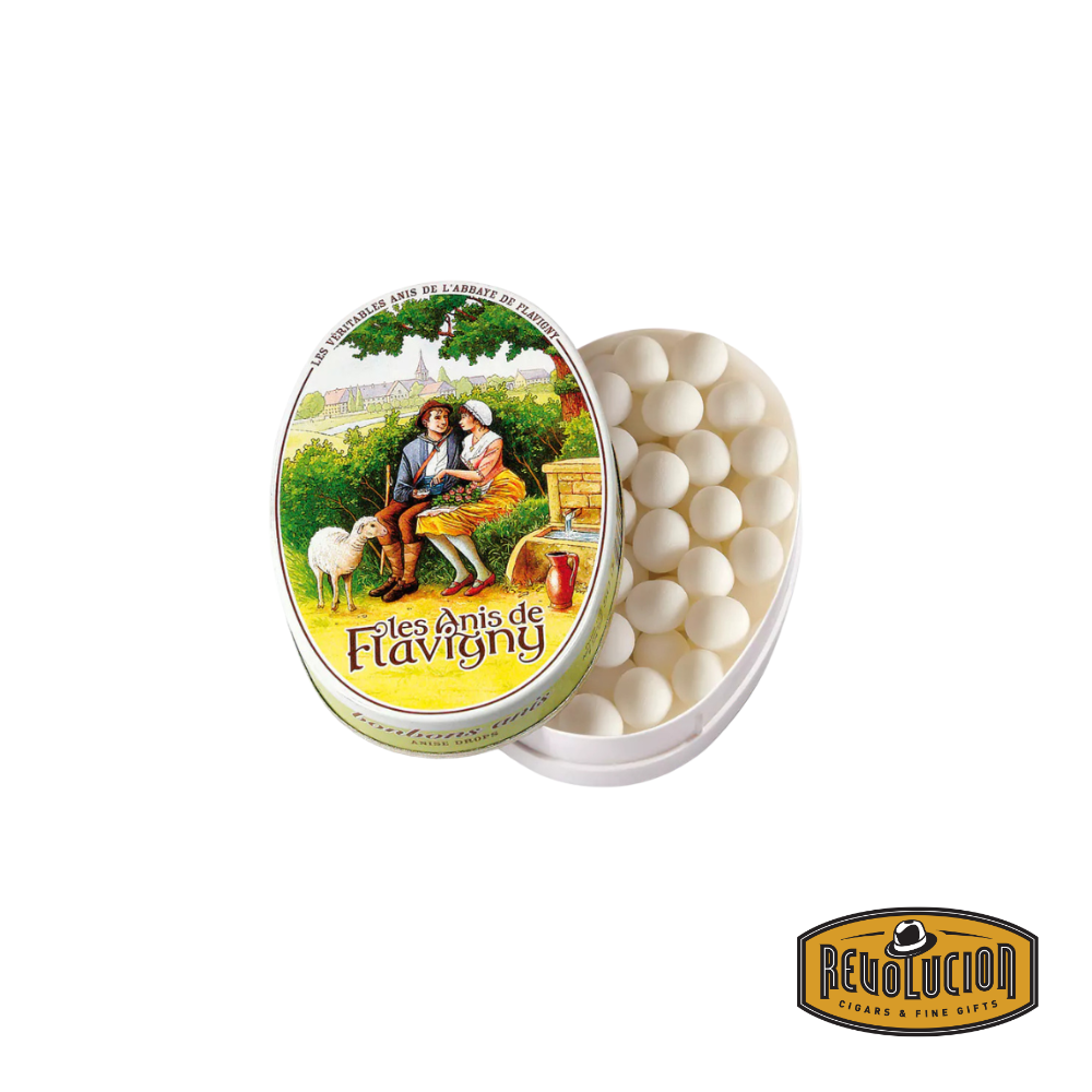 Les Anis de Flavigny oval tin containing 50g of traditional French anise-flavored bonbons, elegantly packaged in a vintage-style design.