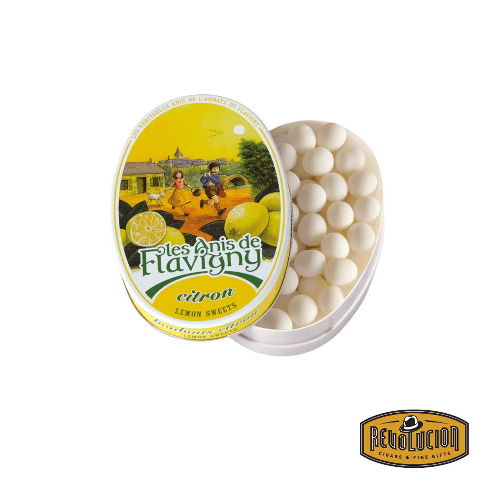 Les Anis de Flavigny oval tin containing 50g of lemon-flavored French bonbons with anise seed centers, presented in a classic decorative tin.