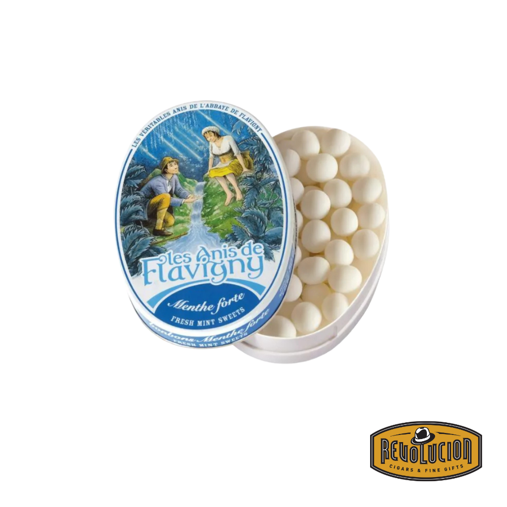 Les Anis de Flavigny oval tin featuring 50g of mint-flavored French bonbons, presented in a vintage-style collectible tin.