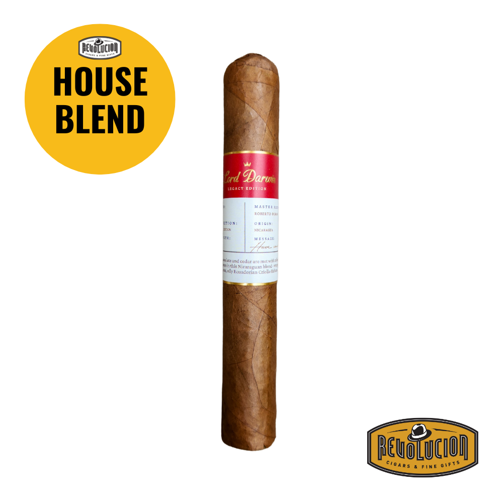 A refined Nicaraguan Corona Extra cigar from the Lord Darwin Legacy Edition by Revolucion, medium strength, featuring a detailed band and expertly rolled wrapper.
