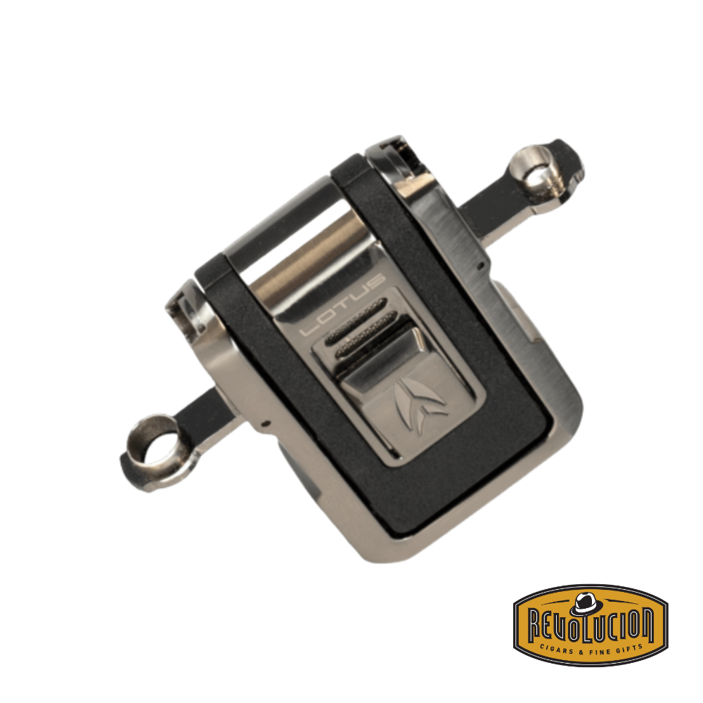 Lotus Axis Gunmetal Lighter – a modern torch lighter with a sleek gunmetal finish, ergonomic grip, side ignition, and fuel level window for functional elegance.