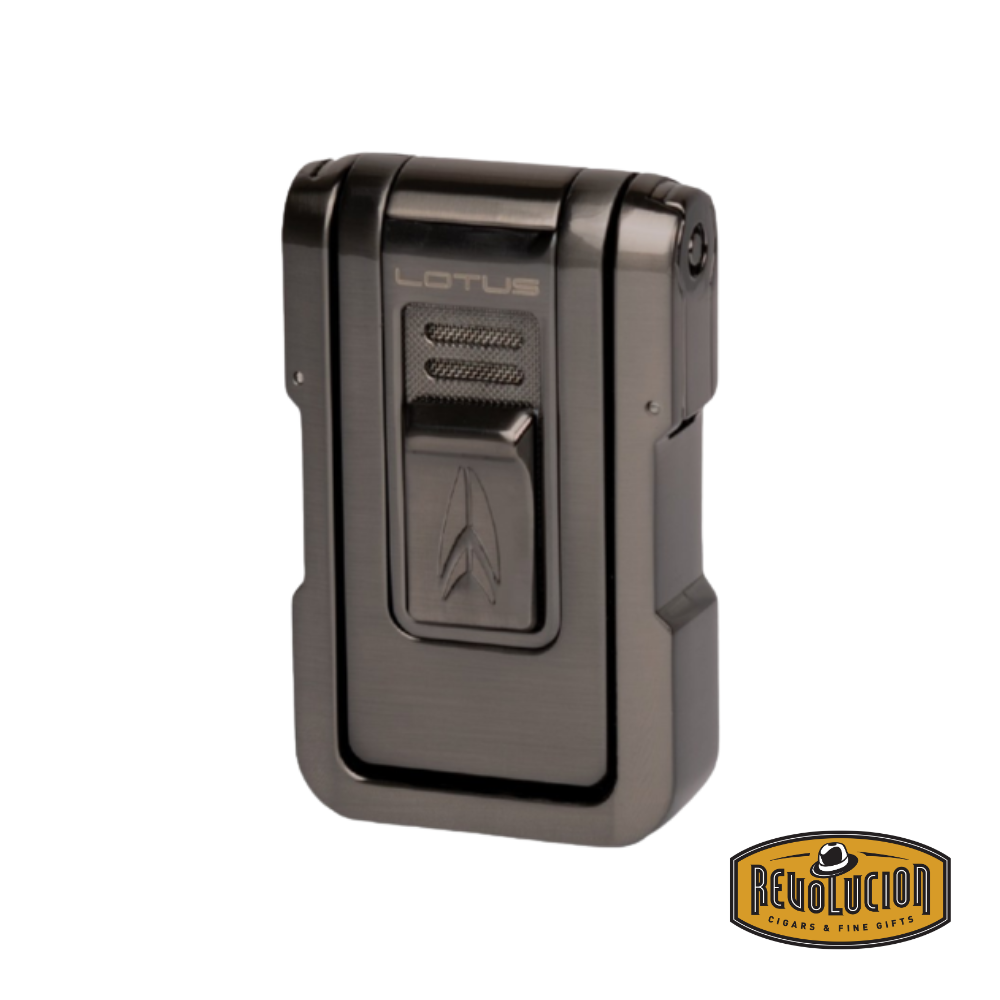 Lotus Axis Gunmetal Lighter – a modern torch lighter with a sleek gunmetal finish, ergonomic grip, side ignition, and fuel level window for functional elegance.