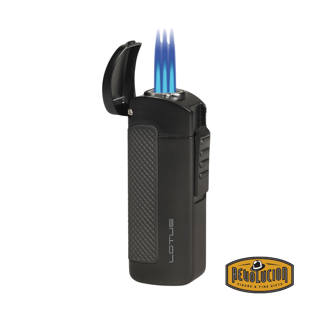 Lotus CEO Triple Flame Lighter in Black, opened to reveal three powerful torch flames for precision lighting.