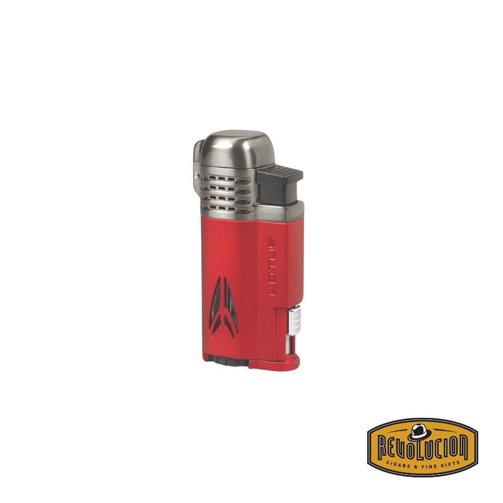 Lotus Defiant Quad Flame Lighter in red, featuring a bold design with four powerful flames.