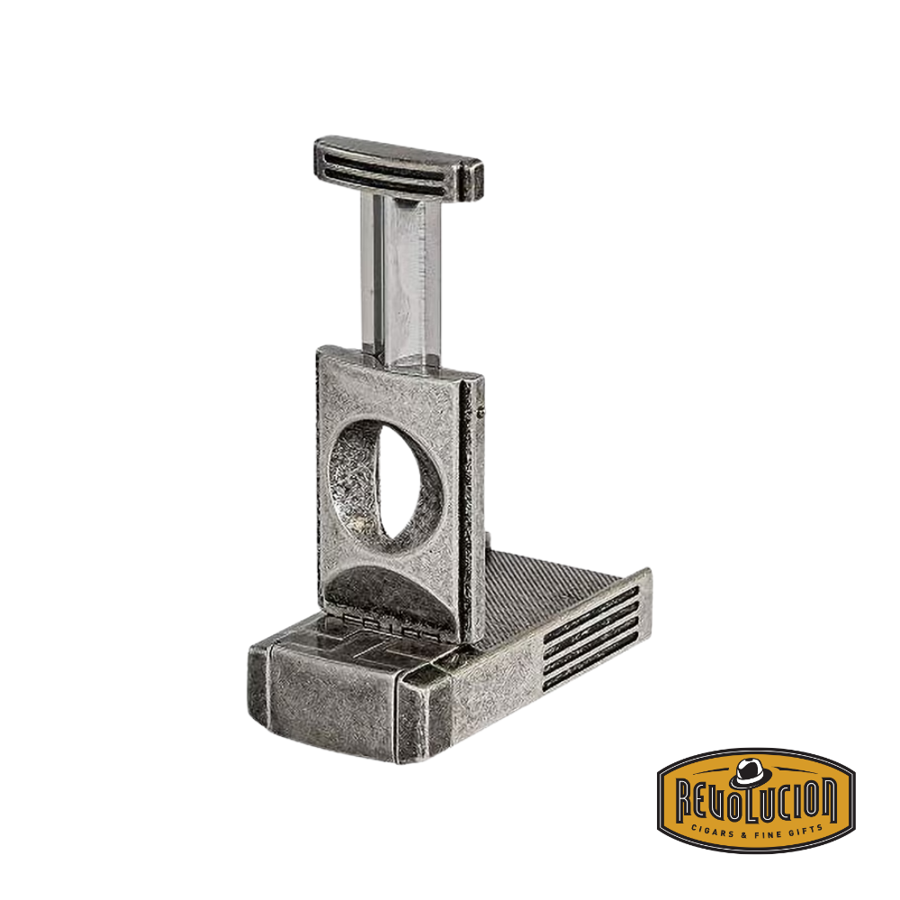 Lotus Duke V-Cutter & Triple Flame Lighter in Pewter, showcasing its integrated v-cutter for a precise cut.