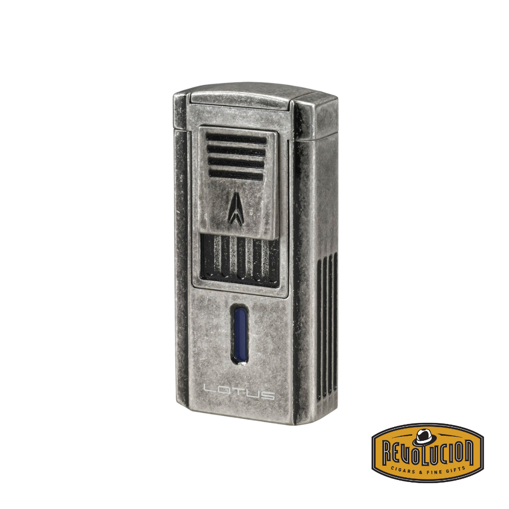 Lotus Duke V-Cutter & Triple Flame Lighter in Pewter, featuring a sleek and durable front design.