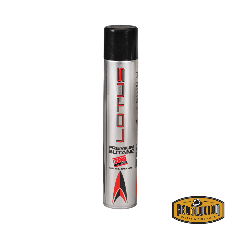 Lotus Premium Butane 400 ml – a tall, silver aerosol canister with bold Lotus branding, designed for high-performance cigar and torch lighter refueling.