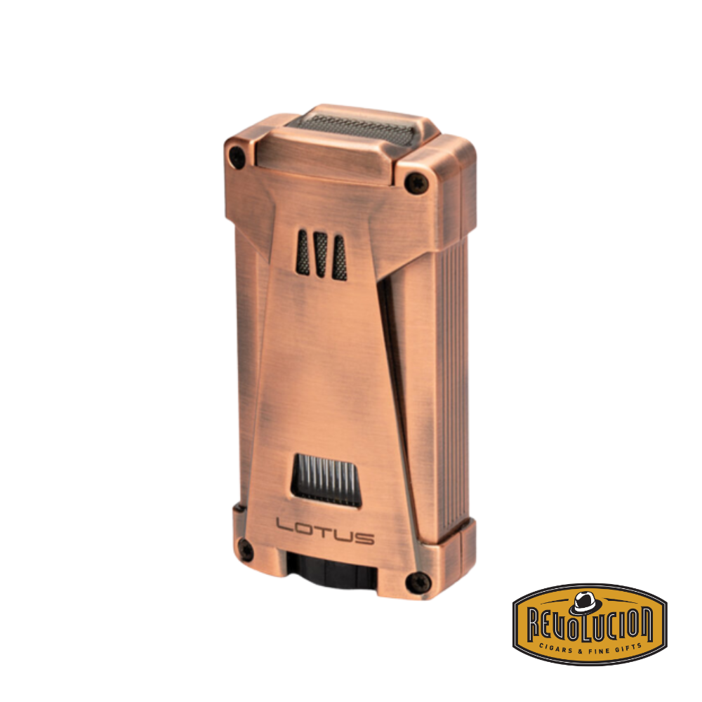 Lotus Skywalker Lighter – Copper finish torch lighter with a futuristic, angular design, flip-top lid, and powerful jet flame, combining style and performance.