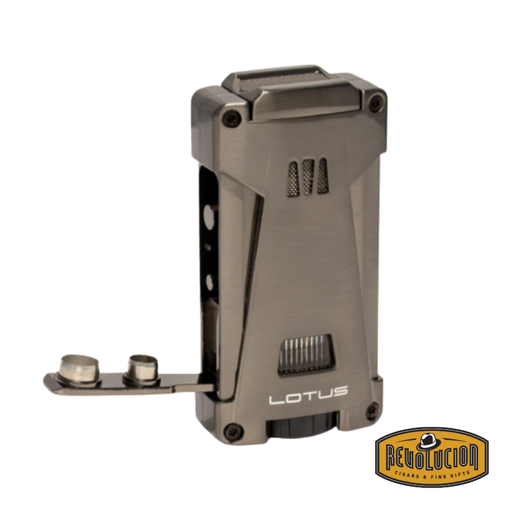 Side view of the grey Lotus Skywalker Lighter displaying the two integrated punch cutters, built into the lighter’s body for added cigar-cutting functionality.