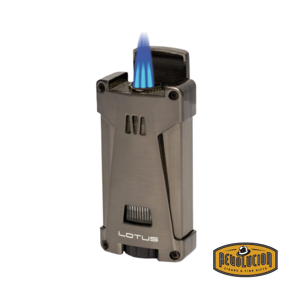 Lotus Skywalker Lighter in grey finish shown in its natural position, highlighting the smooth matte surface and compact, futuristic design.