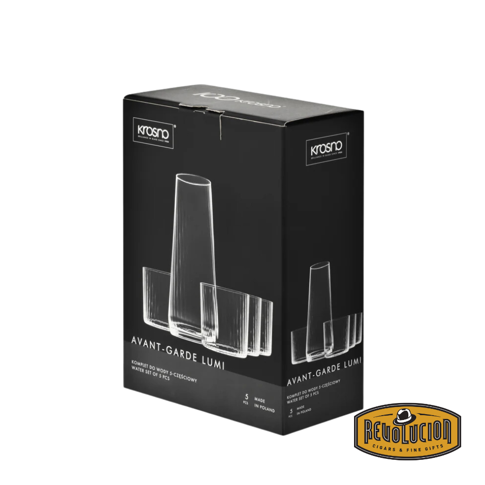 Elegant packaging of the Avant-Garde Lumi Water Set by Krosno, showcasing a minimalist black box with illustrations of the carafe and glasses included.
