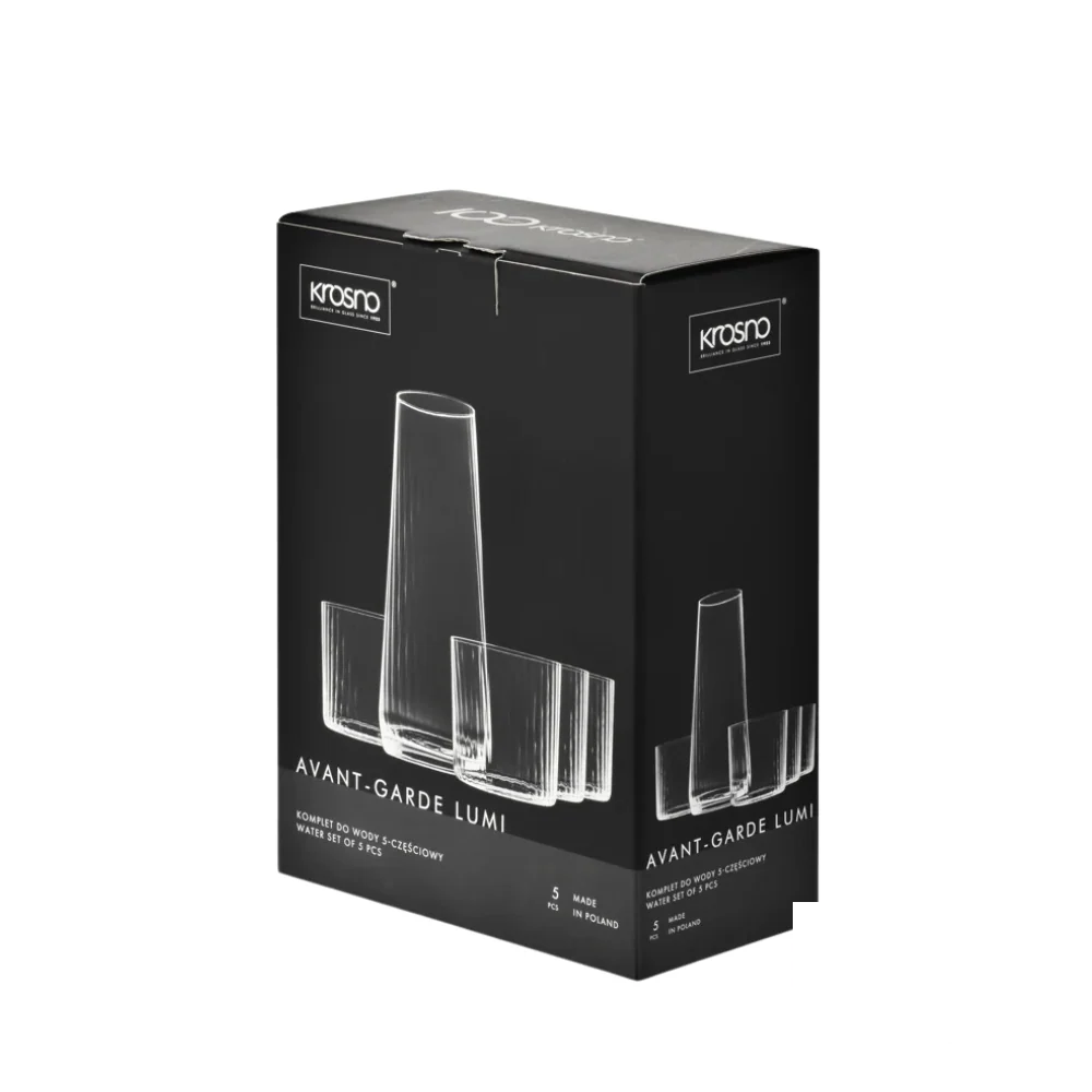 Elegant packaging of the Avant-Garde Lumi Water Set by Krosno, showcasing a minimalist black box with illustrations of the carafe and glasses included.
