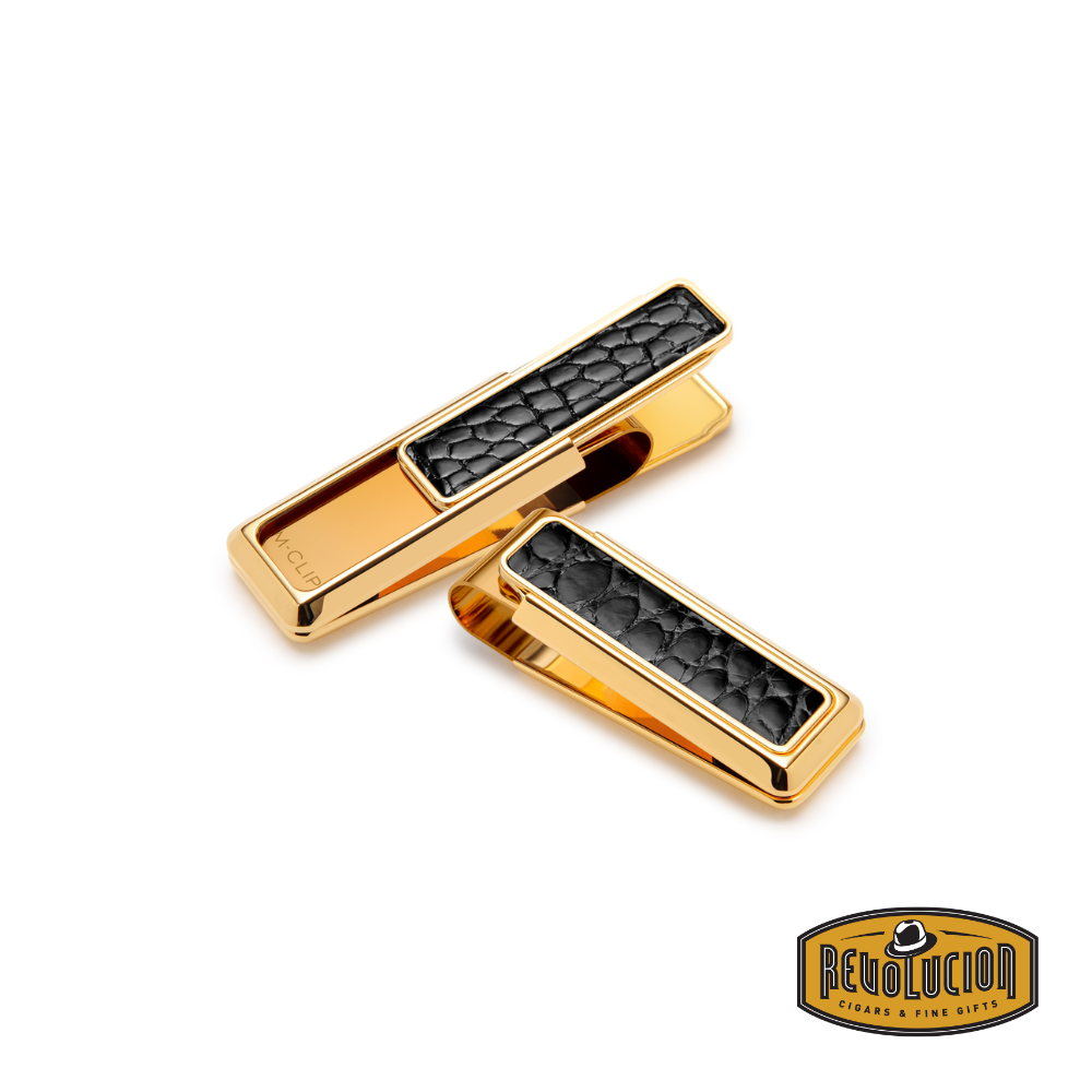 M-Clip Men’s Handmade Stainless Steel Money Clip New Yorker Black Alligator, featuring a sleek stainless steel frame with a luxurious black alligator leather inlay, offering both style and secure cash storage.