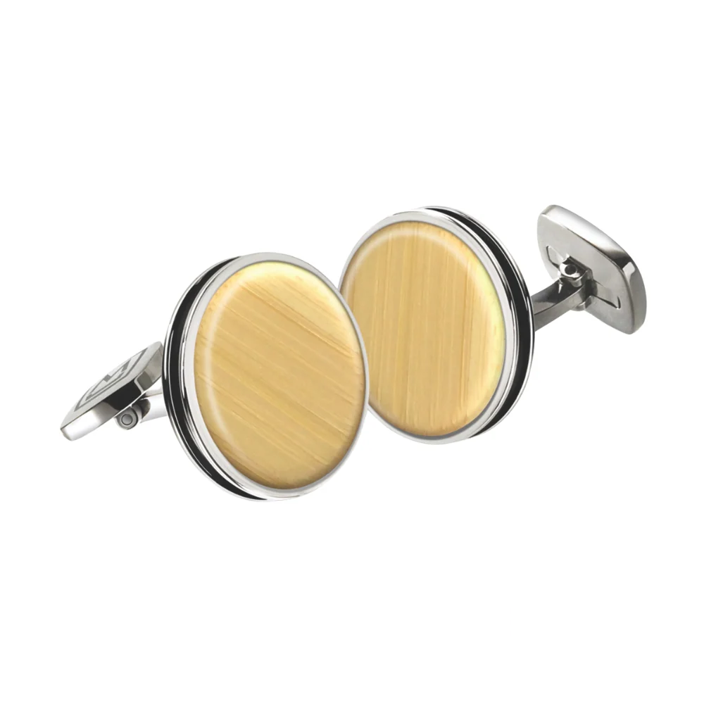 Stylish M-Clip Bamboo Round cufflinks for men, featuring a sleek circular design with a natural bamboo inlay, elegantly set in a polished metal frame for a refined and sophisticated look.