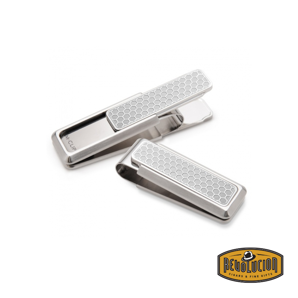 M-Clip Etched Honeycomb money clip featuring a precisely engraved honeycomb pattern, offering a sleek metallic finish and a firm grip for cash and cards.