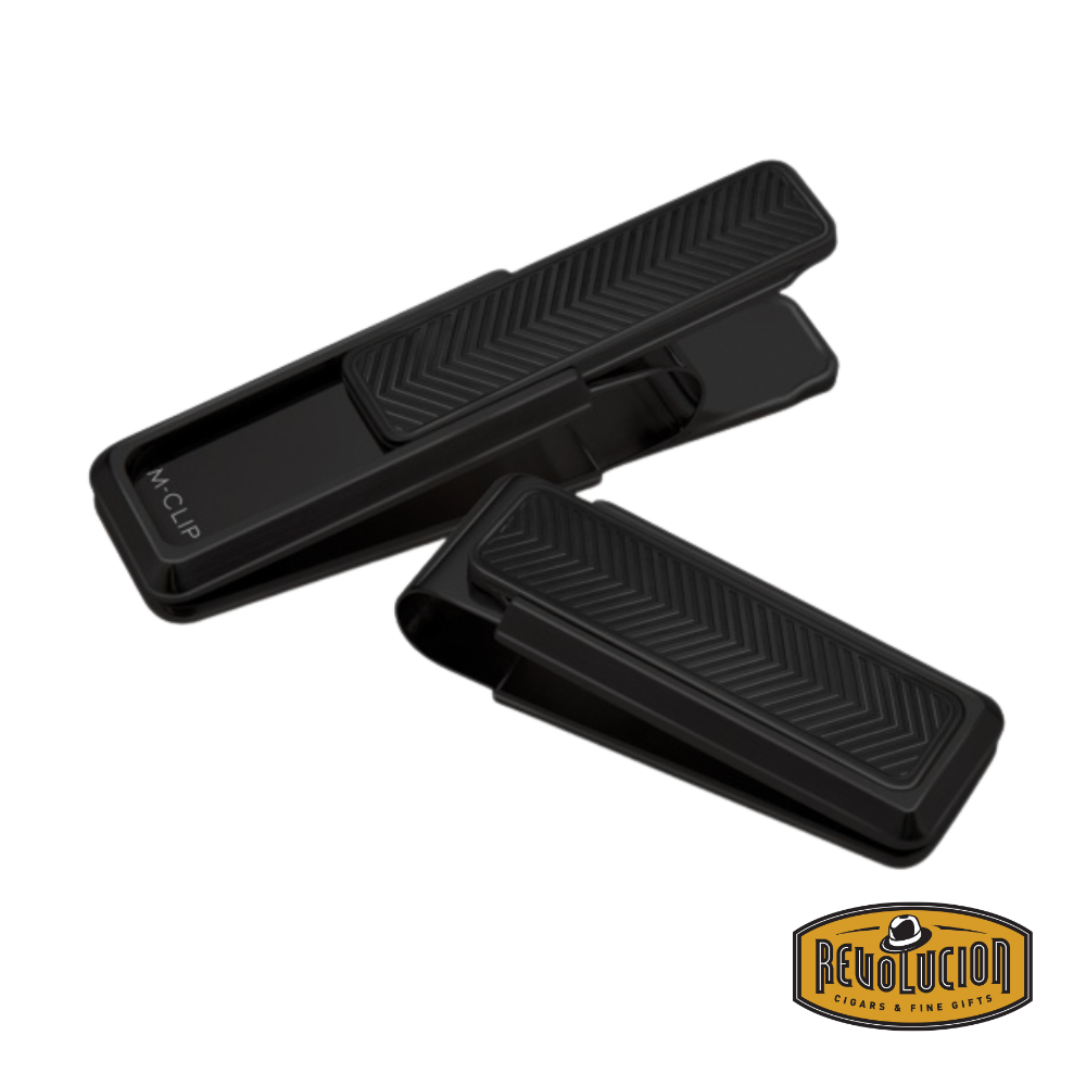 A sleek M-Clip Stainless Steel Blackout Chevron Money Clip, designed with a striking black finish and a modern chevron pattern, offering a secure and stylish way to carry cash.