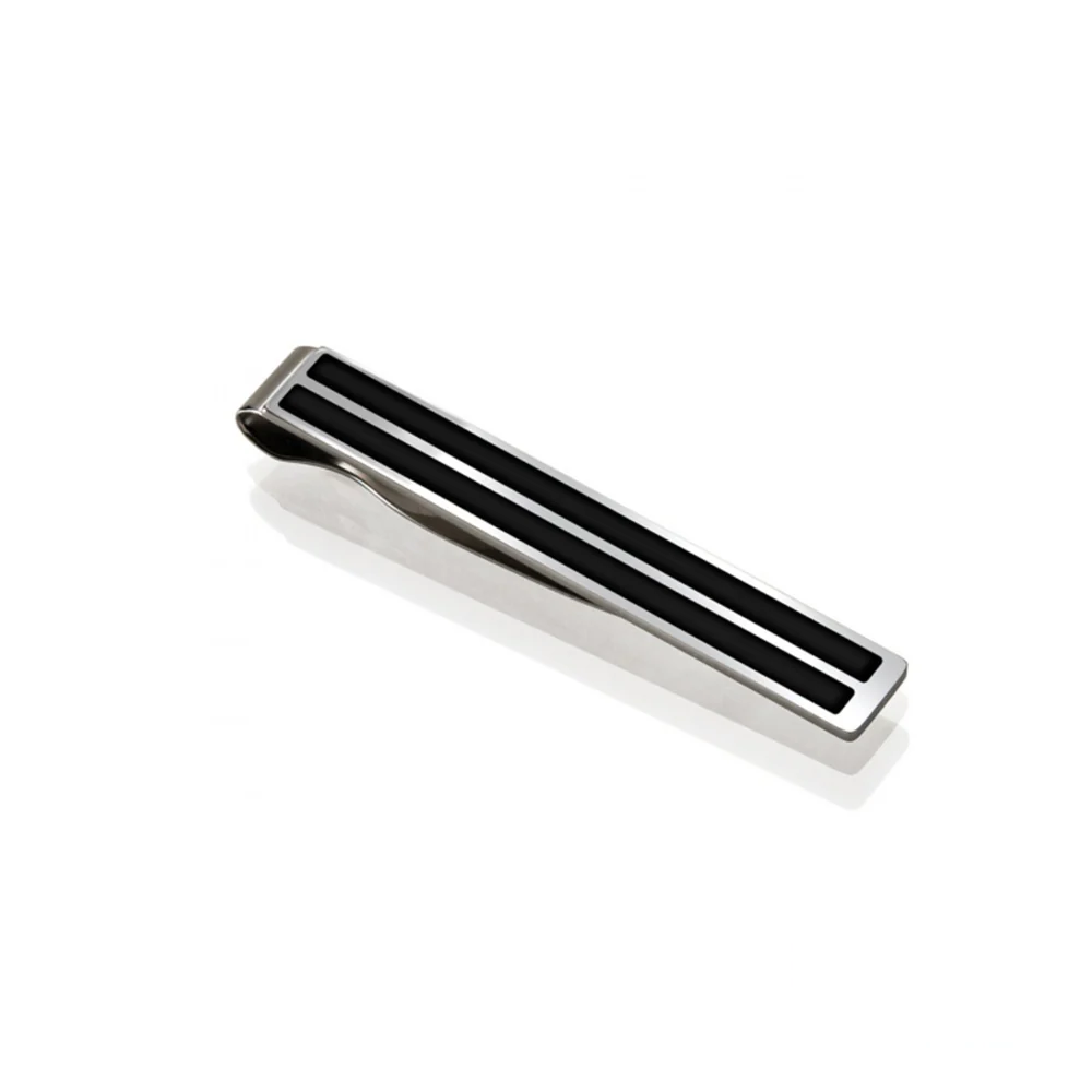 A high-quality M-Clip Stainless Steel Enamel Inlay Tie Clip, showcasing a polished metal finish with a sleek enamel accent, designed for a secure and elegant hold on any tie.