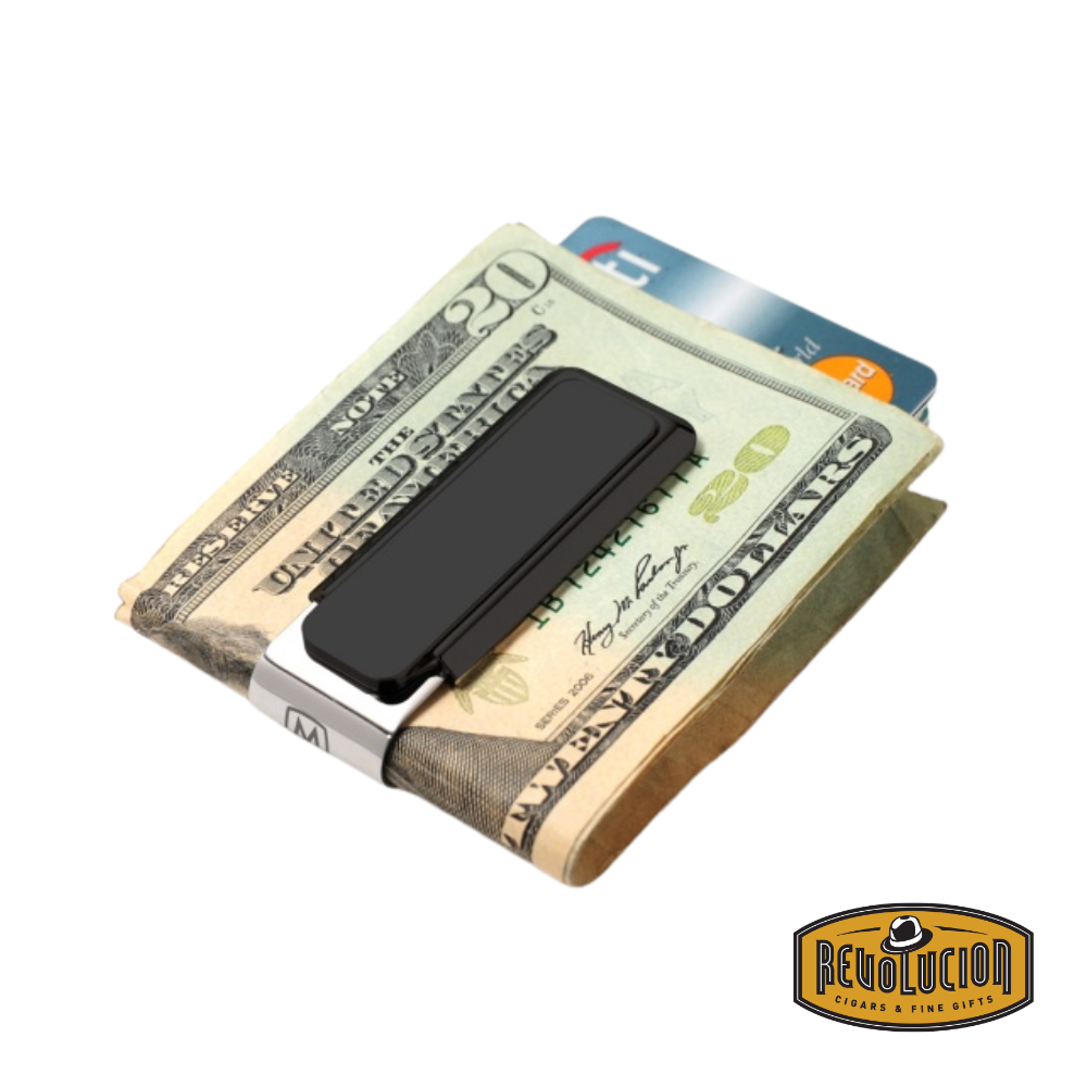 M-clip Ultralight Slide Black Solid Money Clip holding a few folded bills, showcasing its firm grip and minimalist design for everyday use.