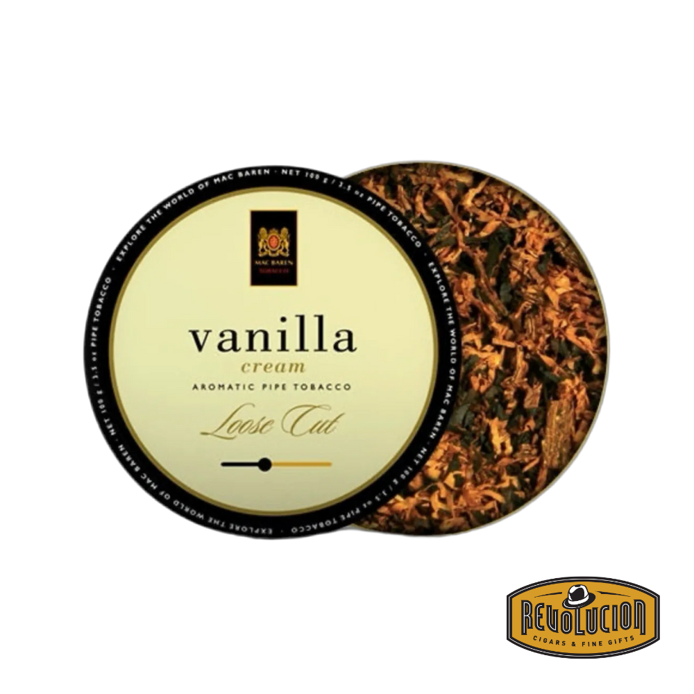 Mac Baren Vanilla Cream Loose Cut pipe tobacco in a 50g tin, featuring a blend of golden Virginias and black cavendish infused with rich vanilla flavor for a smooth and aromatic smoking experience.