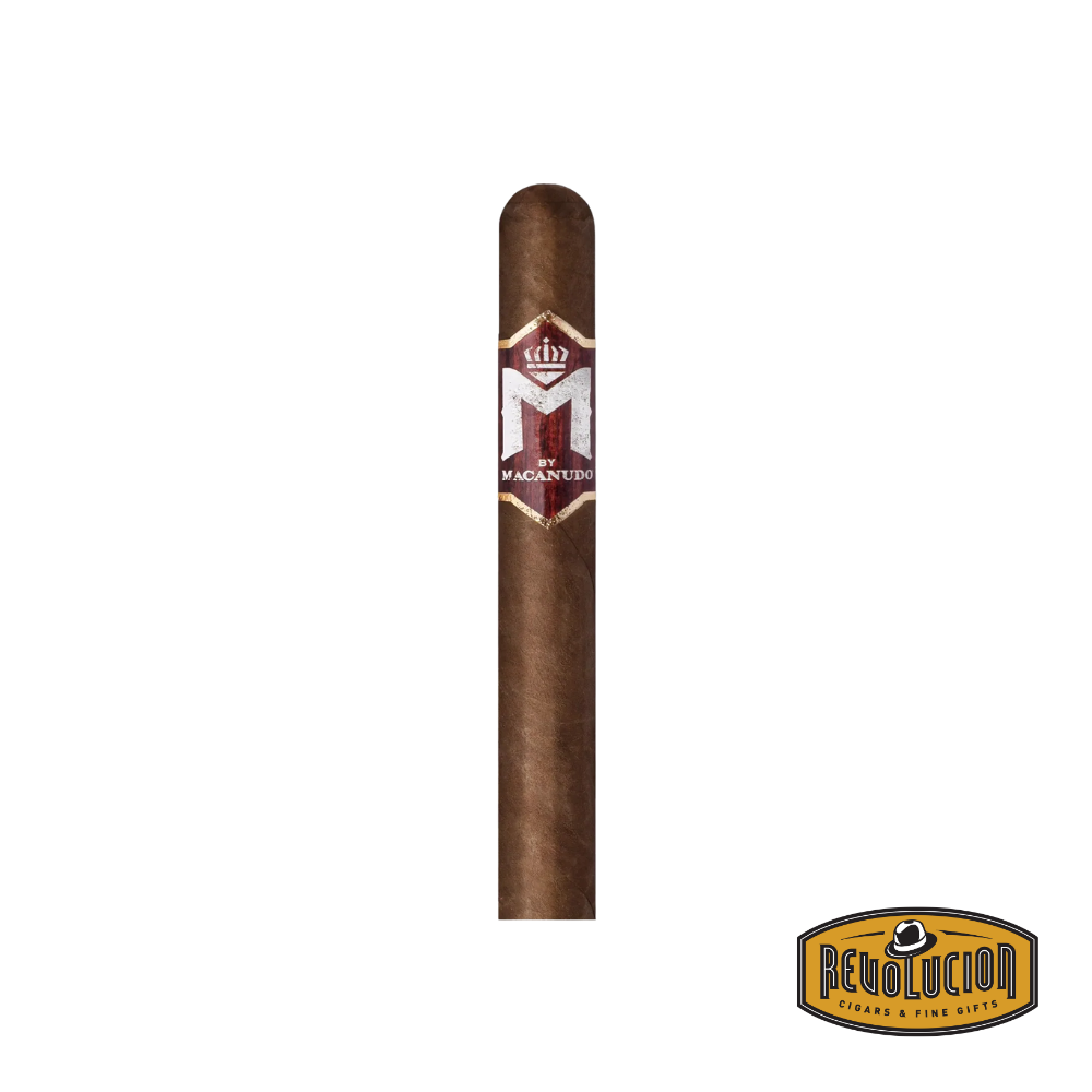 Macanudo Bourbon Robusto Mild-Medium Strength Nicaraguan Cigar placed on a white background with the Revolucion logo, showing its rich wrapper and stylish band design.