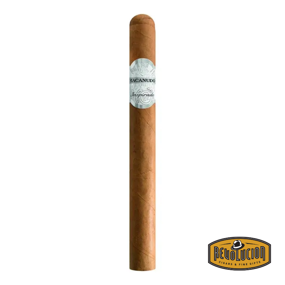 Macanudo Inspirado Ecuador Toro Mild-Medium Strength Cigars displayed on a wooden surface with a white background, showcasing its smooth, light wrapper and distinct band design.
