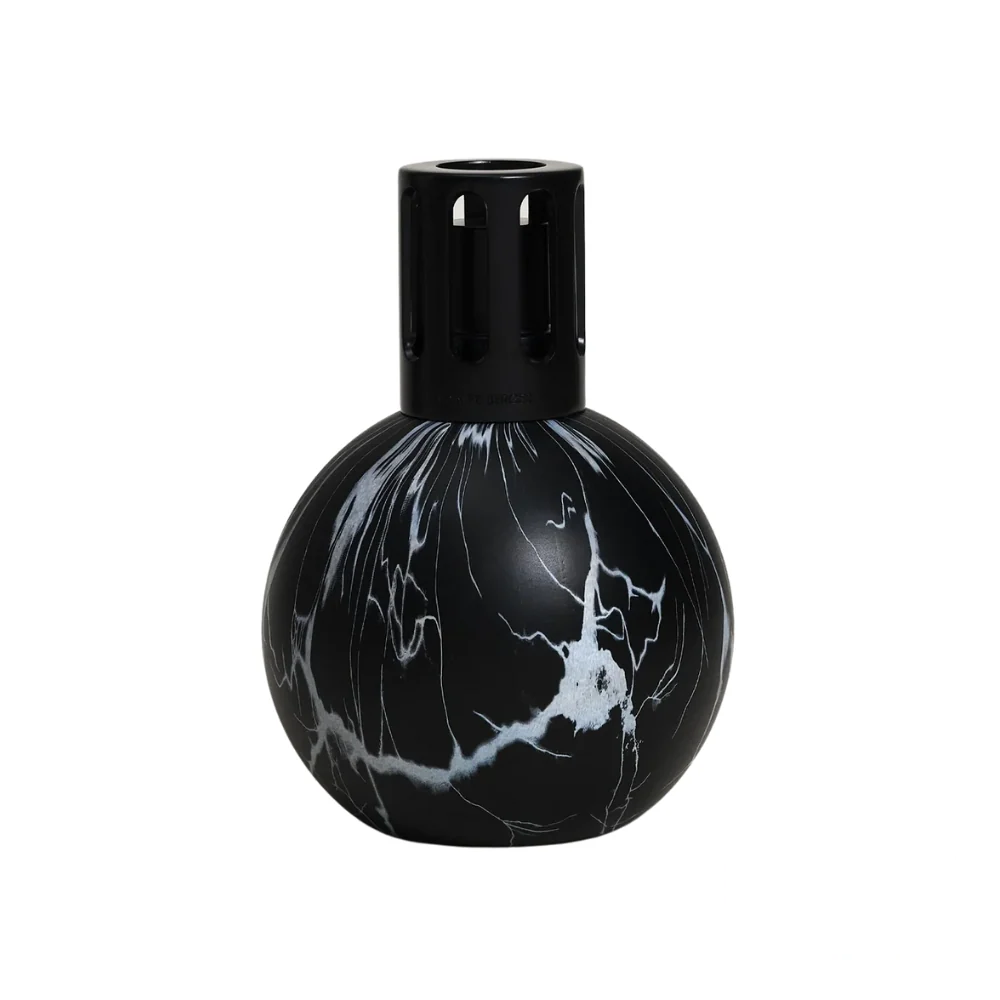 Maison Lampe Berger Marbrure Black Lamp – a round, glossy black fragrance lamp with white marble-like veining and a sleek black vented cap, shown on its own.