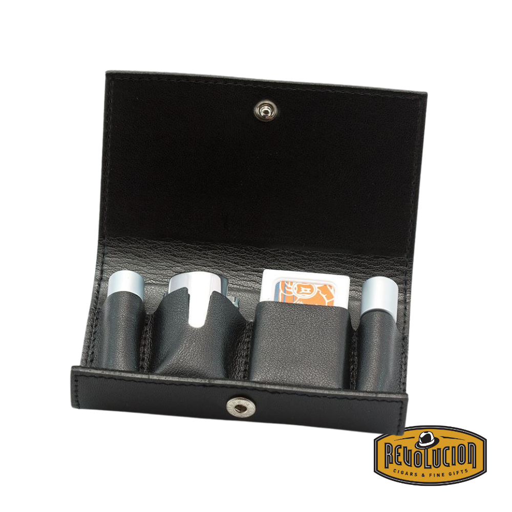 Merkur 46C travel razor neatly packed in its black leather pouch, ideal for on-the-go grooming.