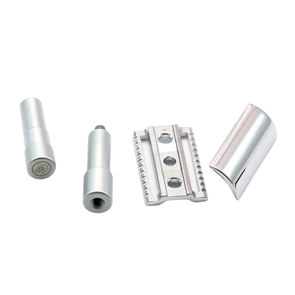 Close-up of the Merkur 46002 three-piece travel razor disassembled, showcasing its chrome finish and compact design.