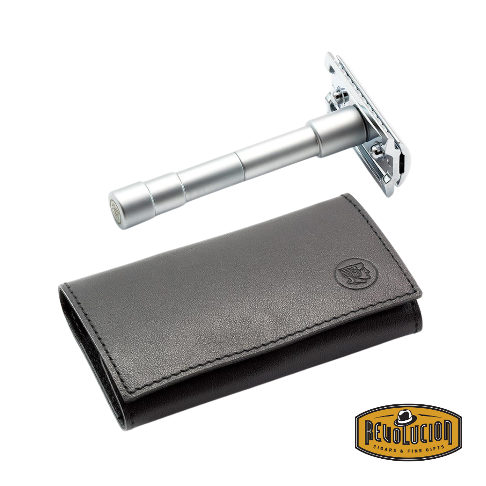 The Merkur travel razor fully assembled and standing upright, highlighting its elegant and minimalist form.