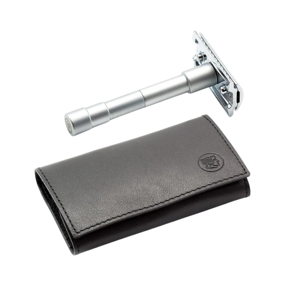 The Merkur travel razor fully assembled and standing upright, highlighting its elegant and minimalist form.