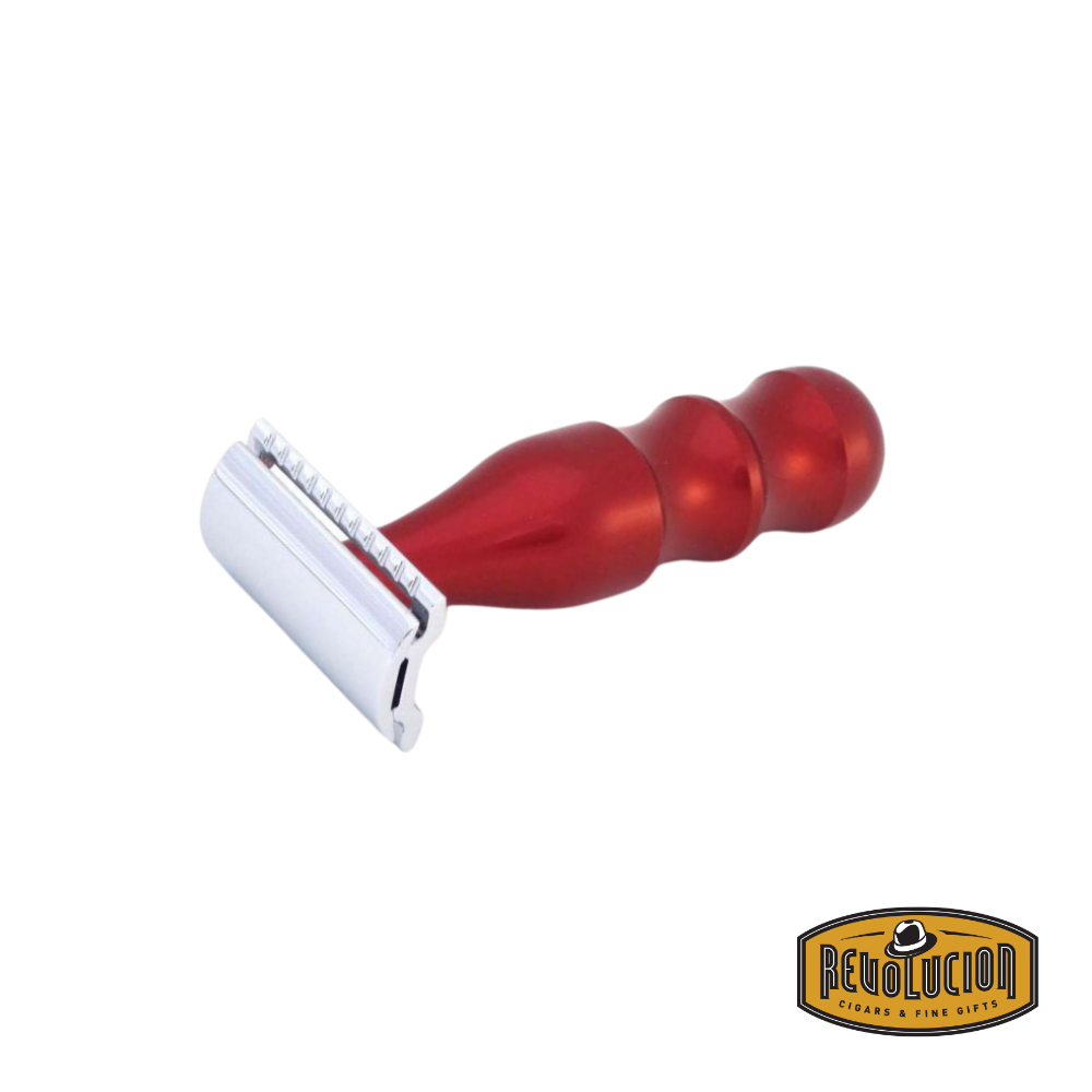 Front view of the Merkur Safety Razor Design Red, showcasing its sleek chrome finish with a bold red handle.
